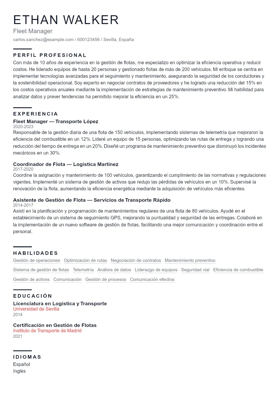Ejemplo de CV de Fleet Manager CV Example - Professional Resume Template