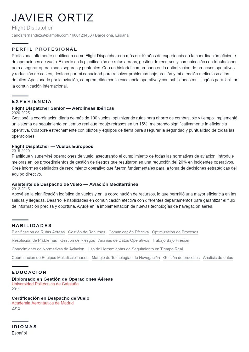 Ejemplo de CV para Ejemplo de CV de Flight Dispatcher - Plantilla de currículum profesional