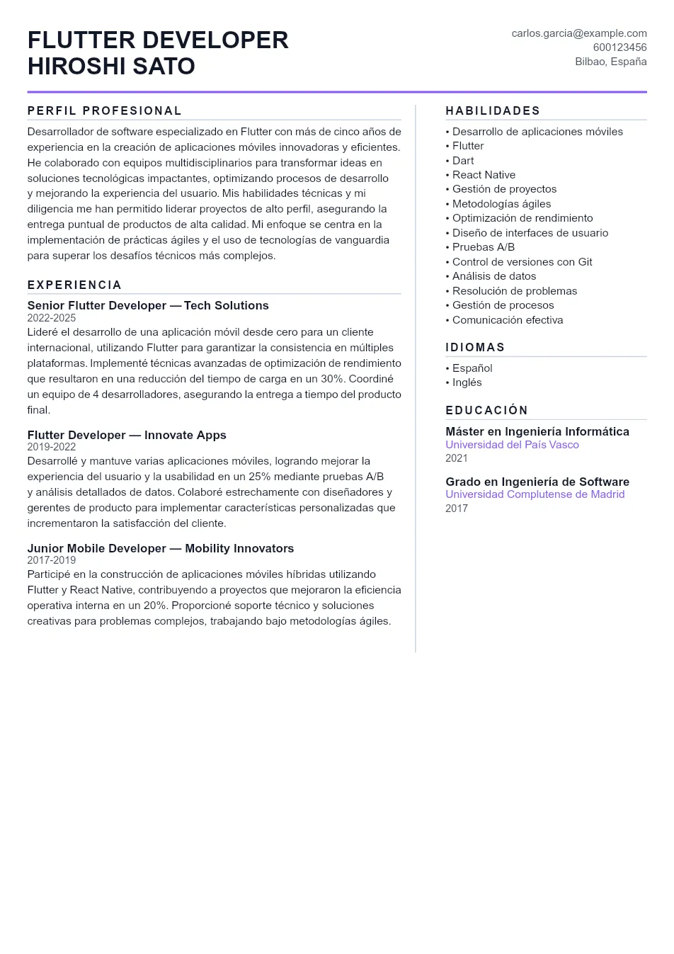 Ejemplo de CV de Flutter Developer CV Example - Professional Resume Template