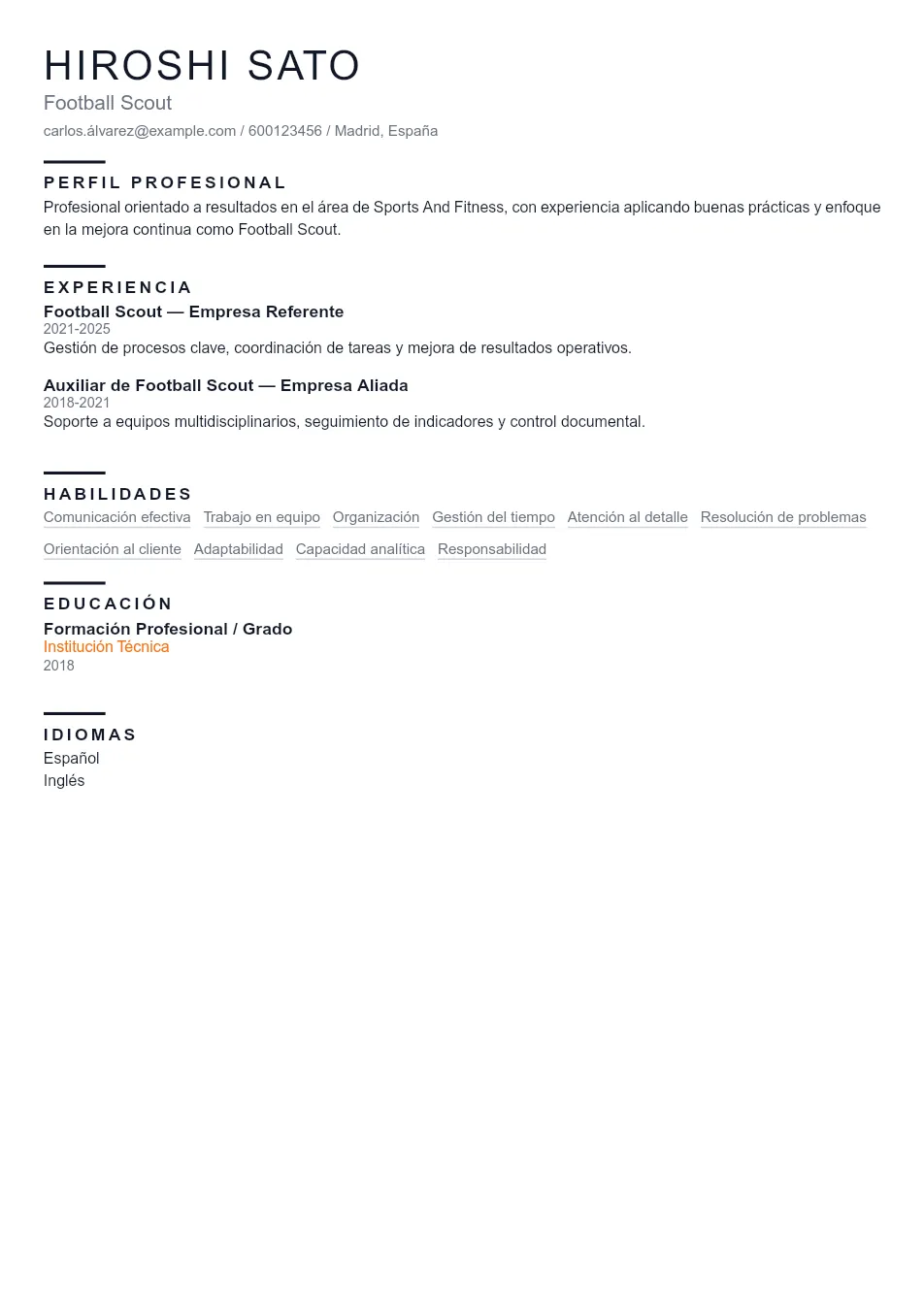 Ejemplo de CV de Football Scout CV Example - Professional Resume Template