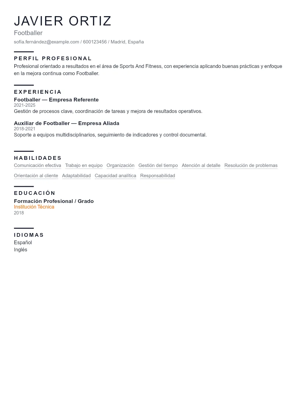 Ejemplo de CV para Ejemplo de CV de Futbolista Profesional - Plantilla de currículum profesional