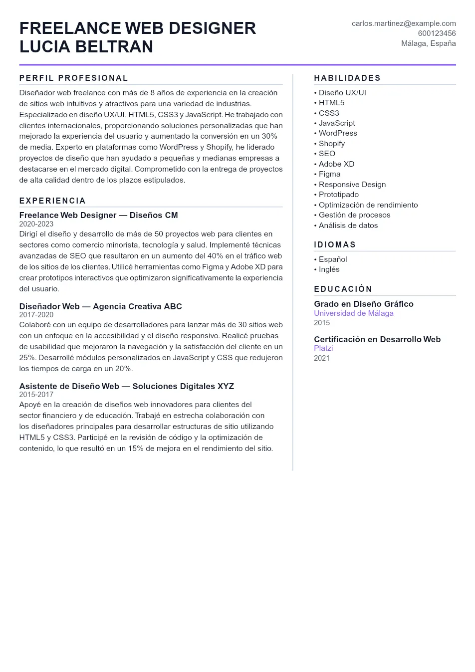 Ejemplo de CV de Freelance Web Designer CV Example - Professional Resume Template