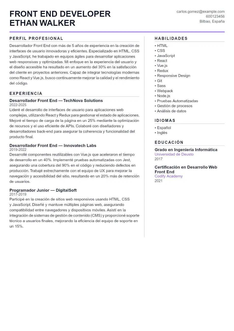 Ejemplo de CV de Front End Developer CV Example - Professional Resume Template