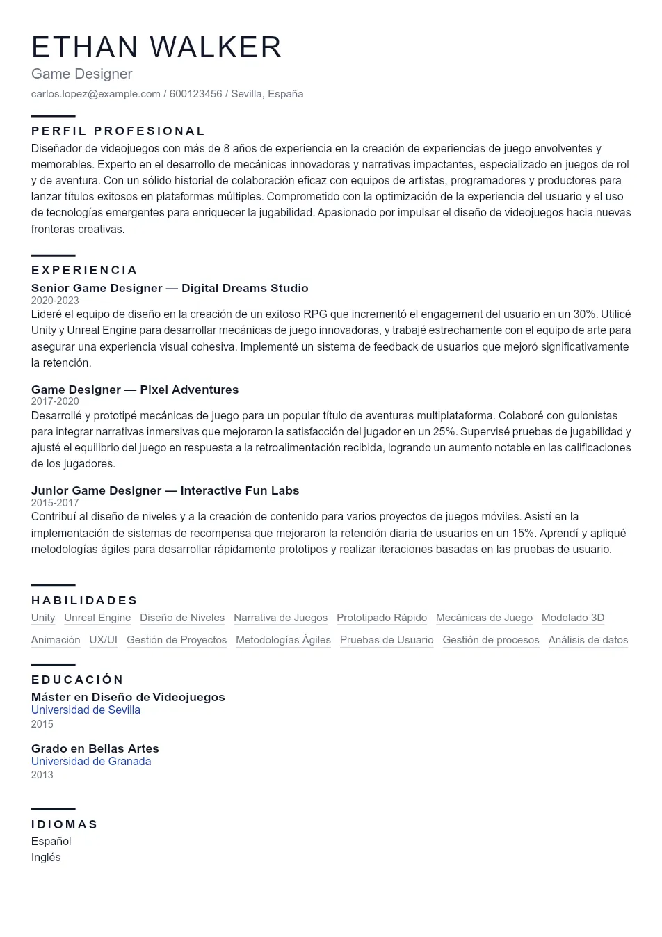 Ejemplo de CV para Currículum Vitae para Game Designer - Plantilla de currículum profesional