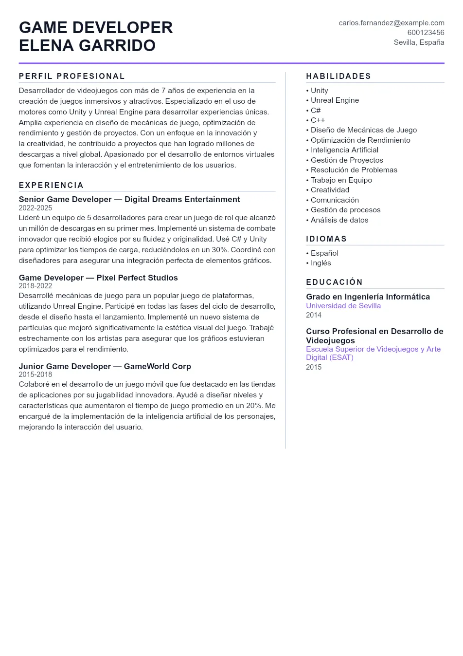 Ejemplo de CV de Game Developer CV Example - Professional Resume Template