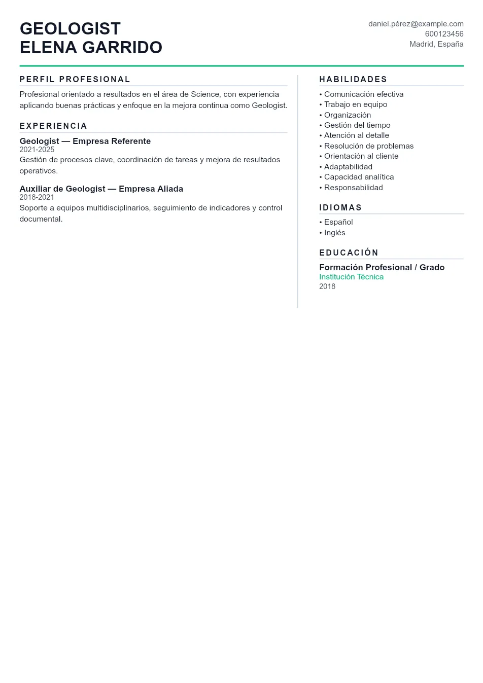 Ejemplo de CV de Geologist CV Example - Professional Resume Template