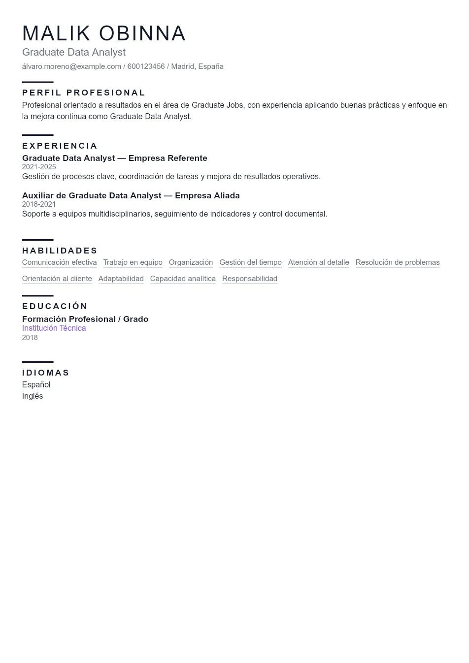 Ejemplo de CV de Graduate Data Analyst CV Example - Professional Resume Template