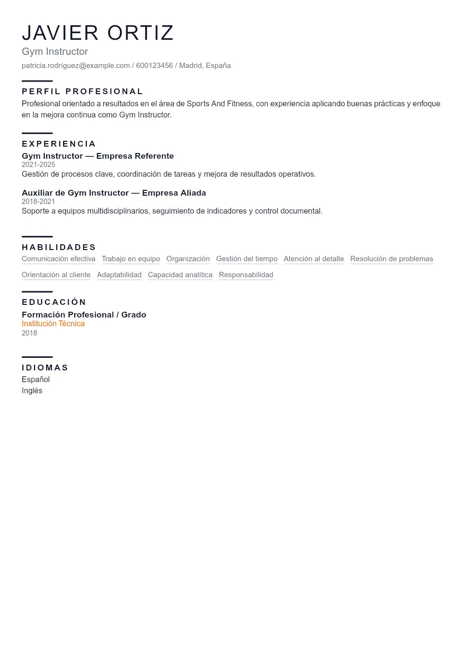 Ejemplo de CV para CV de Instructor de Gimnasio - Plantilla de currículum profesional