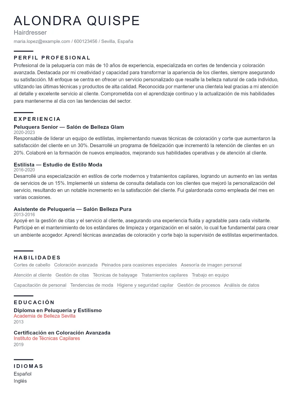 Ejemplo de CV de Hairdresser CV Example - Professional Resume Template