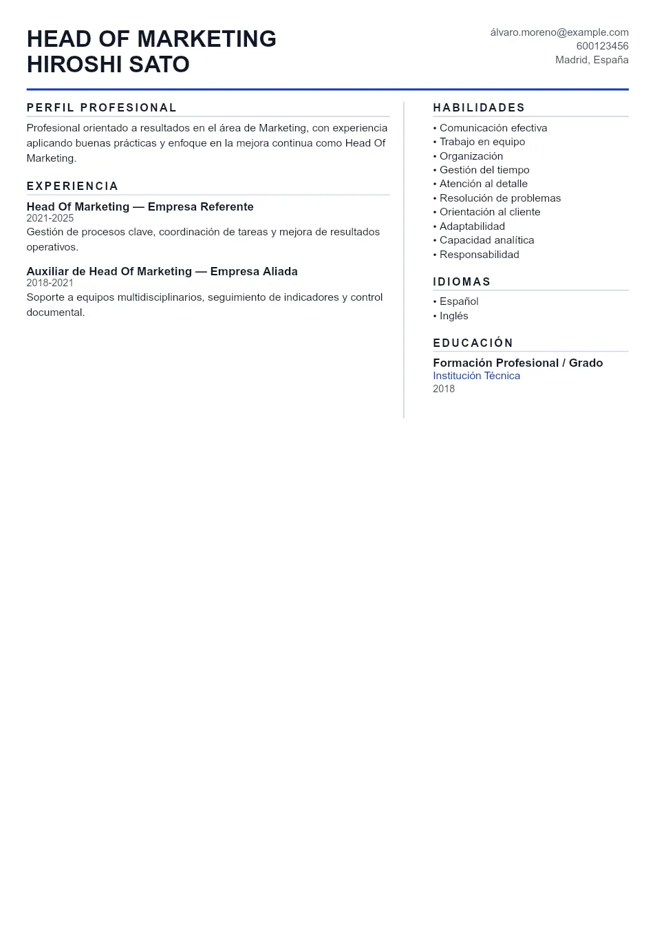 Ejemplo de CV de Head Of Marketing CV Example - Professional Resume Template