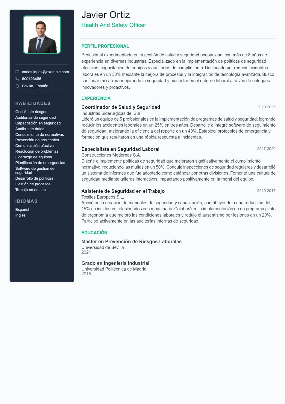 Ejemplo de CV de Health And Safety Officer CV Example - Professional Resume Template