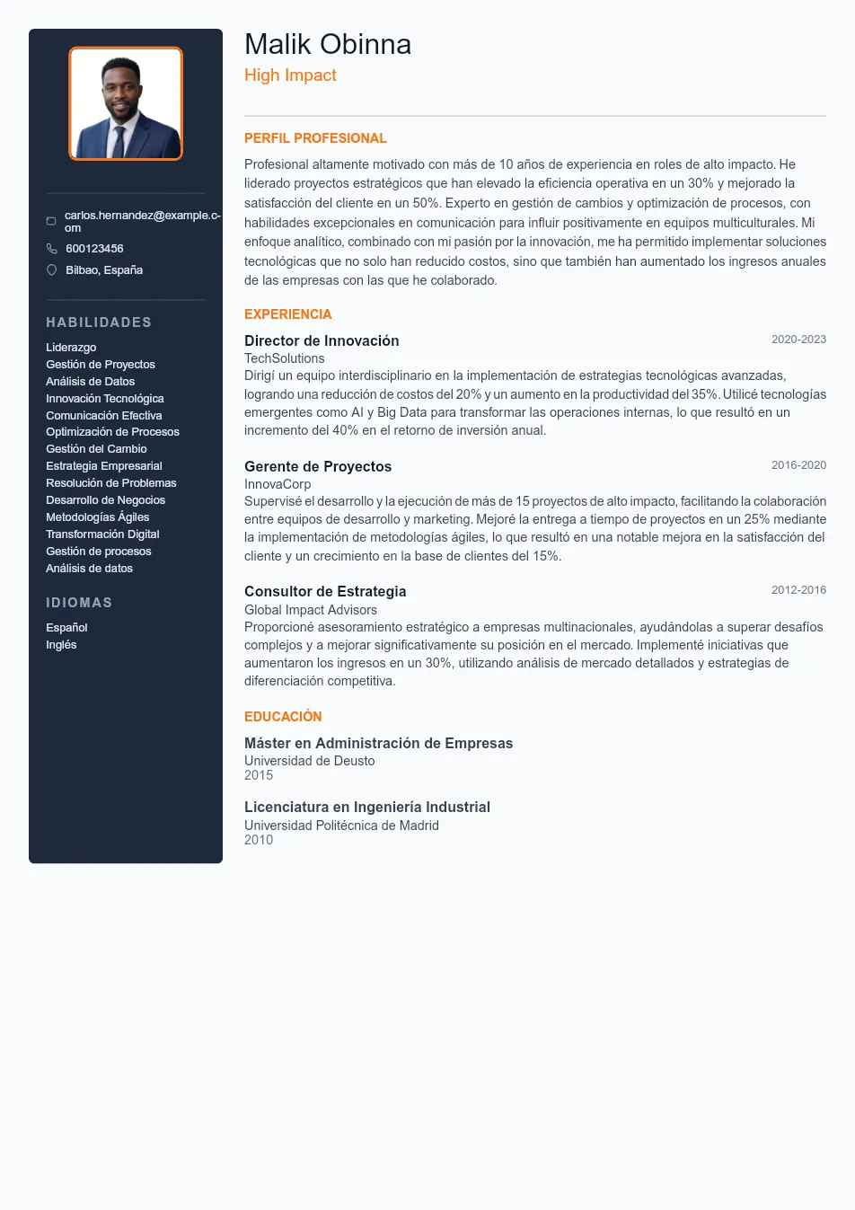 Ejemplo de CV de High Impact CV Example - Professional Resume Template