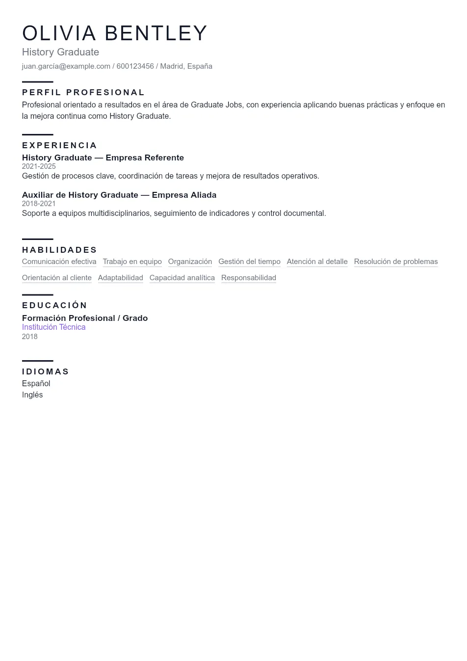 Ejemplo de CV de History Graduate CV Example - Professional Resume Template
