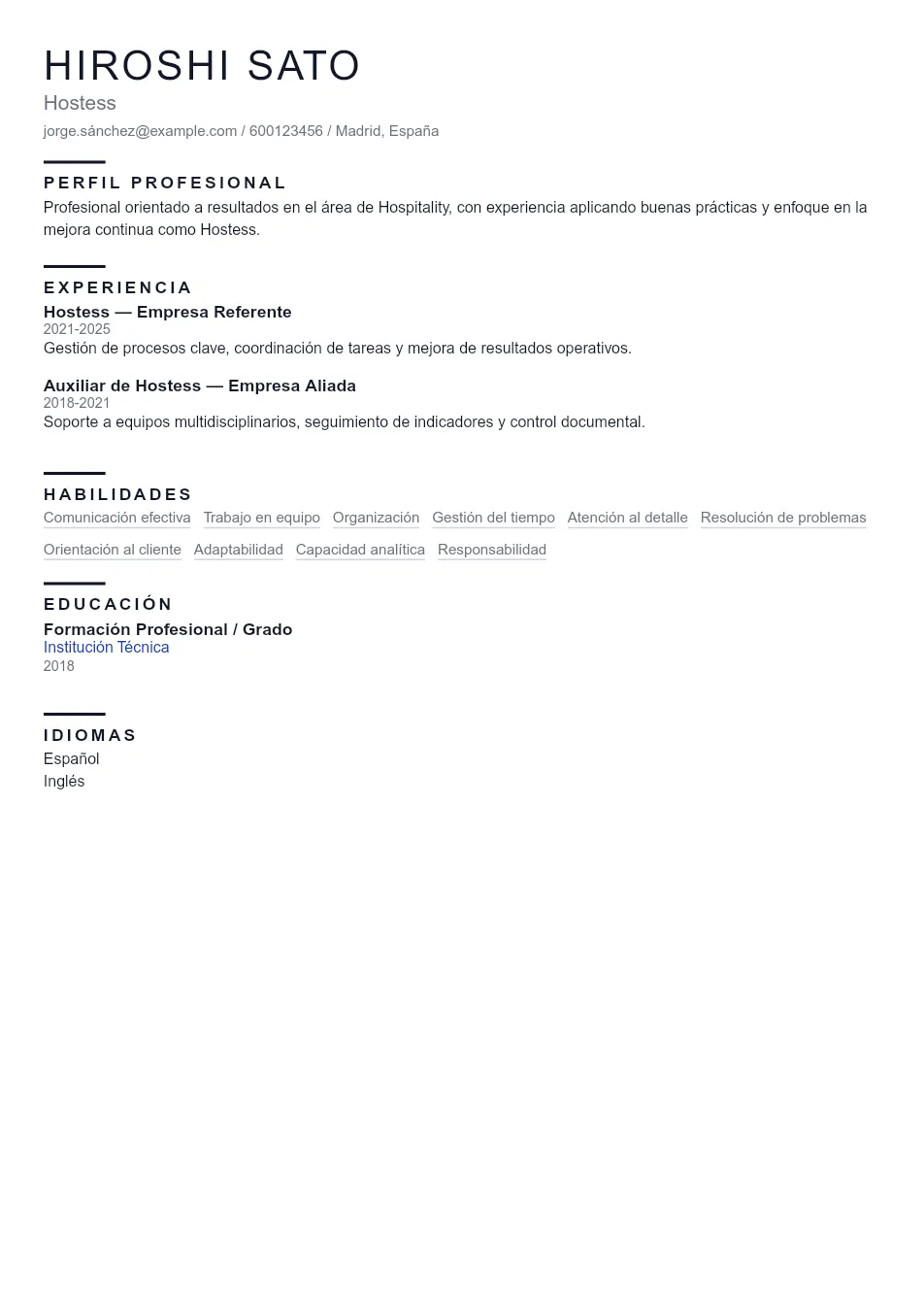 Ejemplo de CV de Hostess CV Example - Professional Resume Template