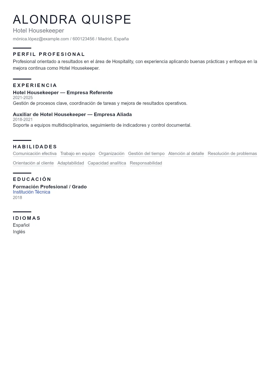 Ejemplo de CV de Hotel Housekeeper CV Example - Professional Resume Template