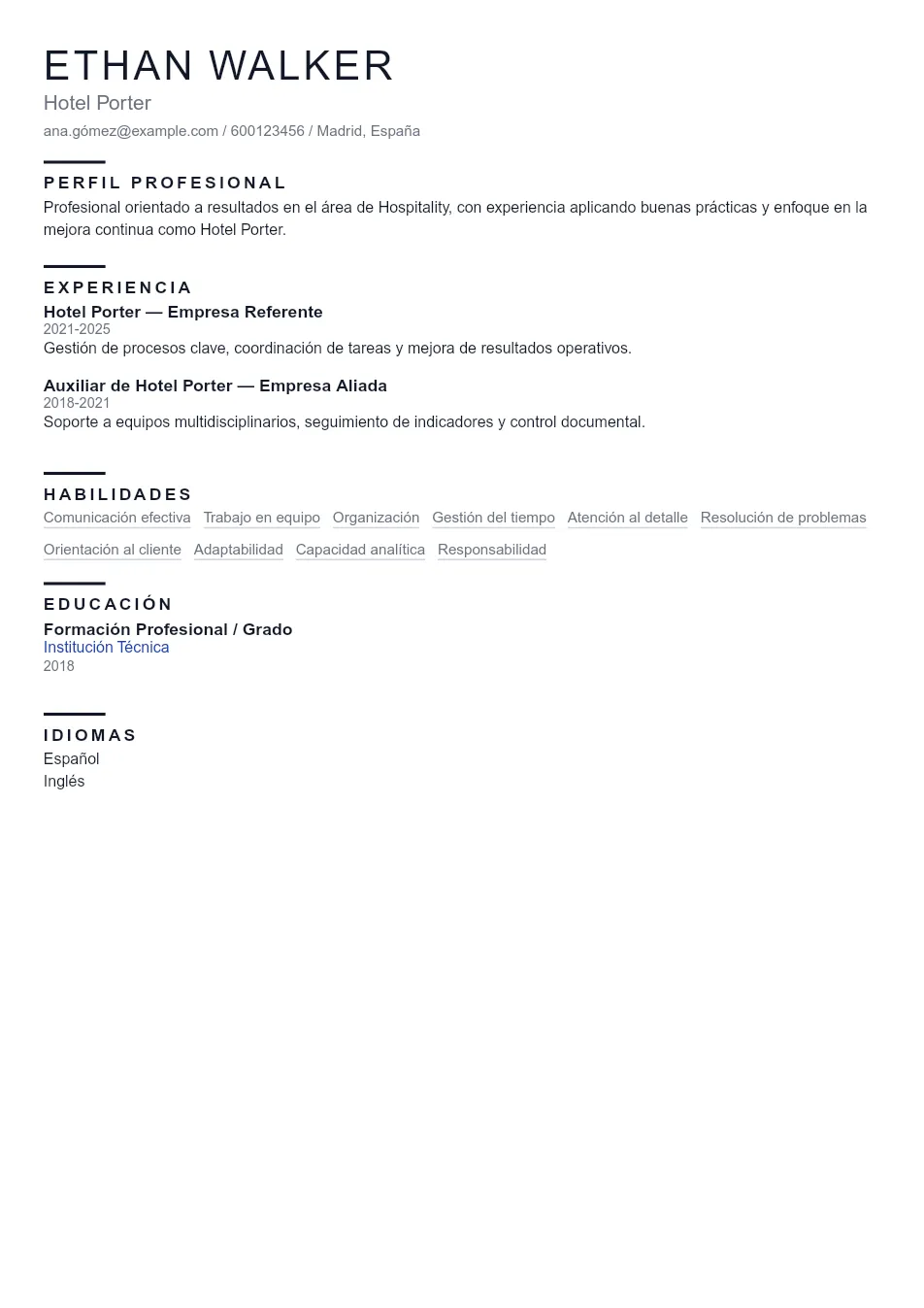 Ejemplo de CV de Hotel Porter CV Example - Professional Resume Template