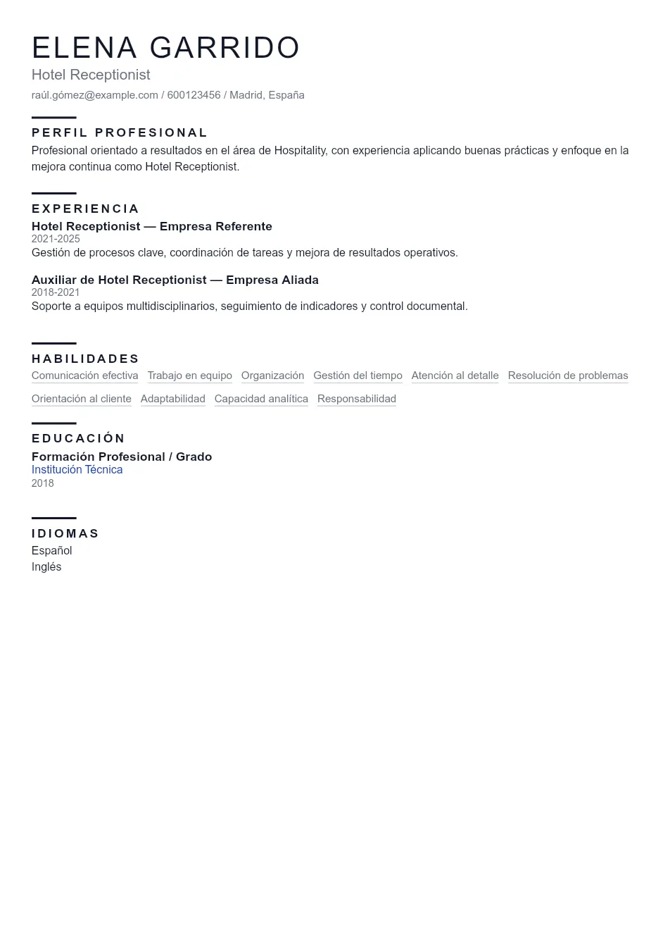 Ejemplo de CV de Hotel Receptionist CV Example - Professional Resume Template