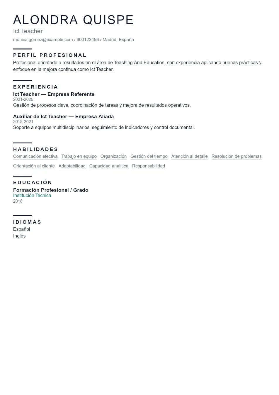 Ejemplo de CV de Ict Teacher CV Example - Professional Resume Template