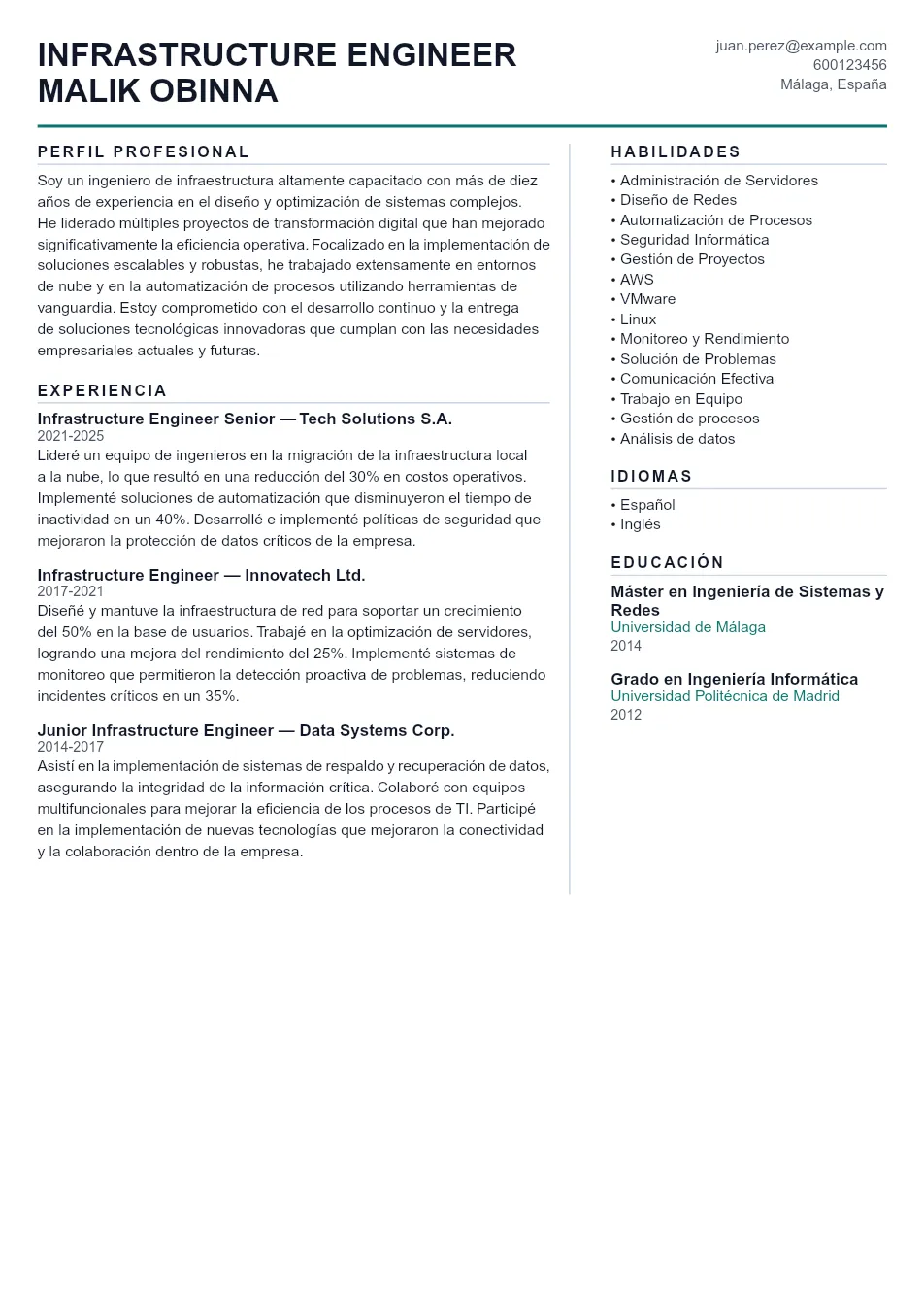 Ejemplo de CV de Infrastructure Engineer CV Example - Professional Resume Template