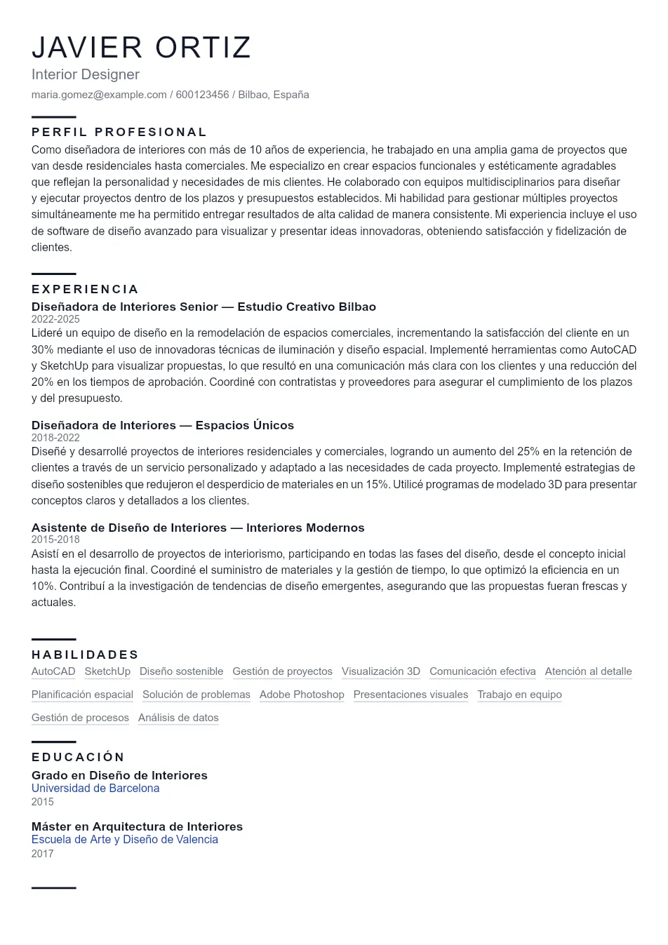 Ejemplo de CV de Interior Designer CV Example - Professional Resume Template