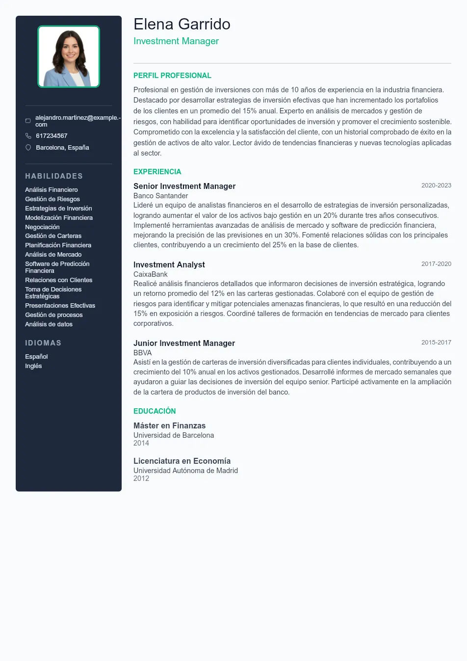 Ejemplo de CV para CV de Investment Manager - Plantilla de currículum profesional