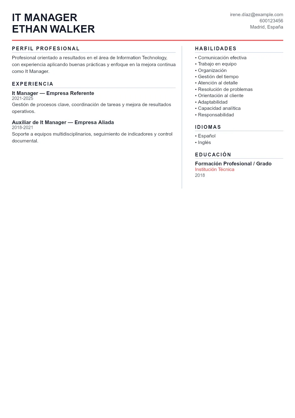 Ejemplo de CV de It Manager CV Example - Professional Resume Template
