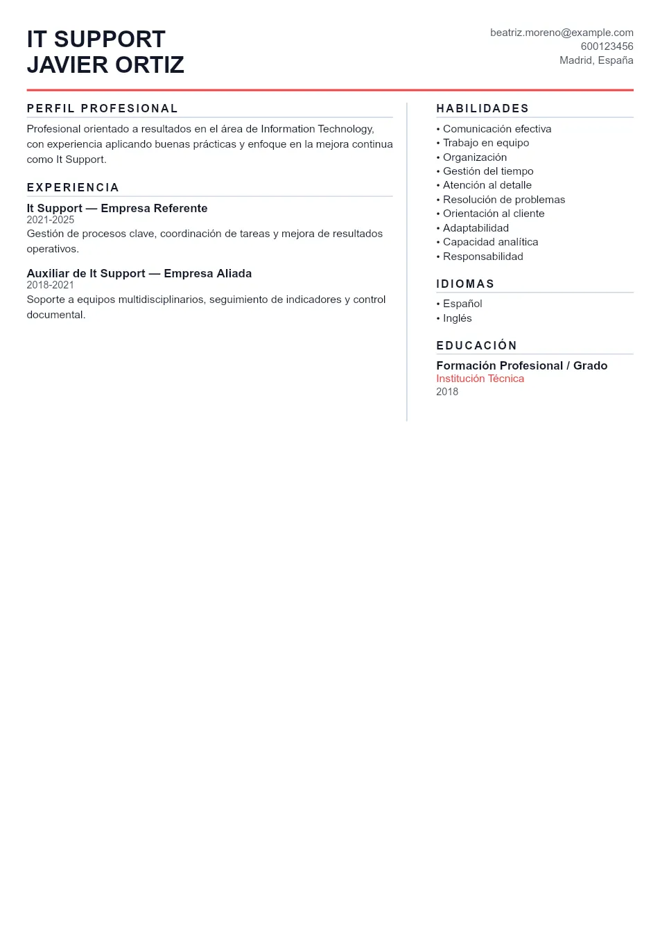 Ejemplo de CV de It Support CV Example - Professional Resume Template