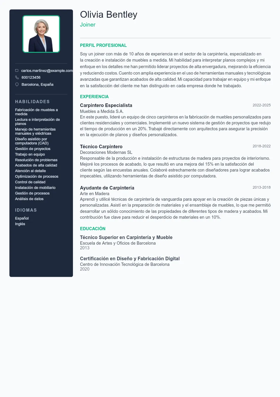 Ejemplo de CV de Joiner CV Example - Professional Resume Template