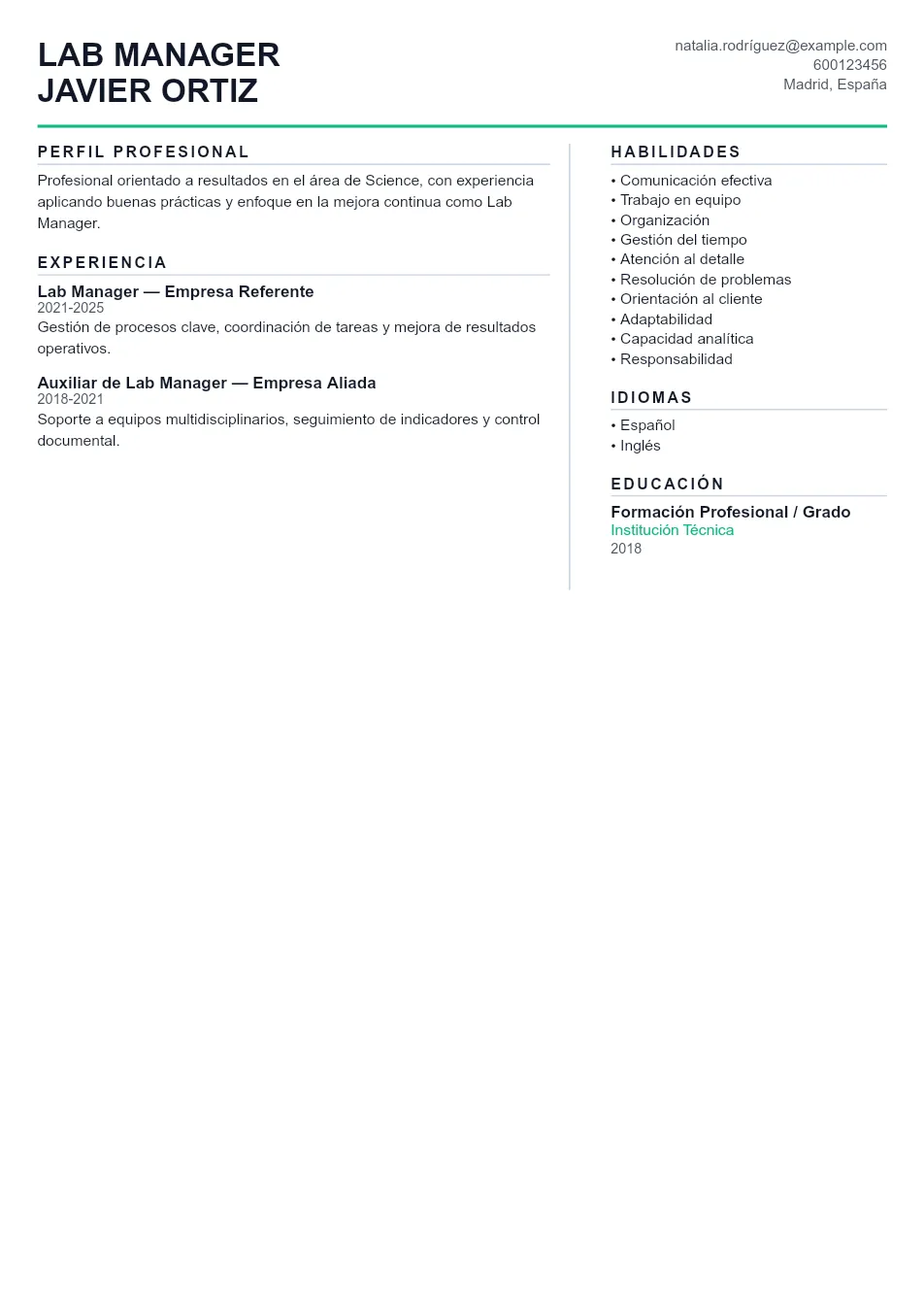 Ejemplo de CV de Lab Manager CV Example - Professional Resume Template