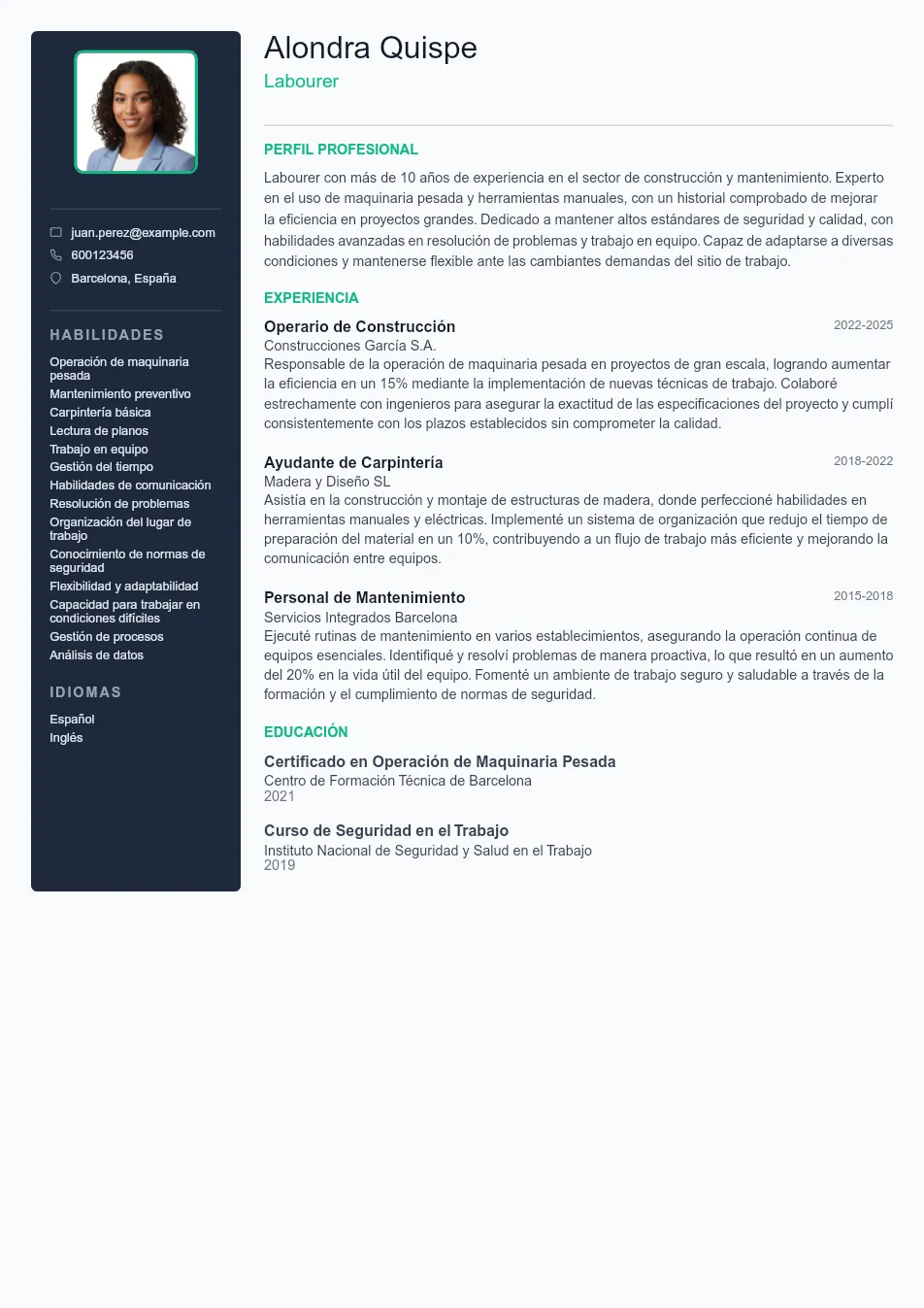 Ejemplo de CV de Labourer CV Example - Professional Resume Template