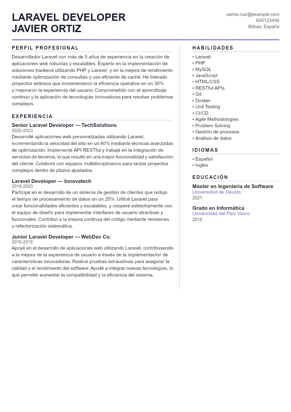Ejemplo de CV para CV de Laravel Developer - Plantilla de currículum profesional