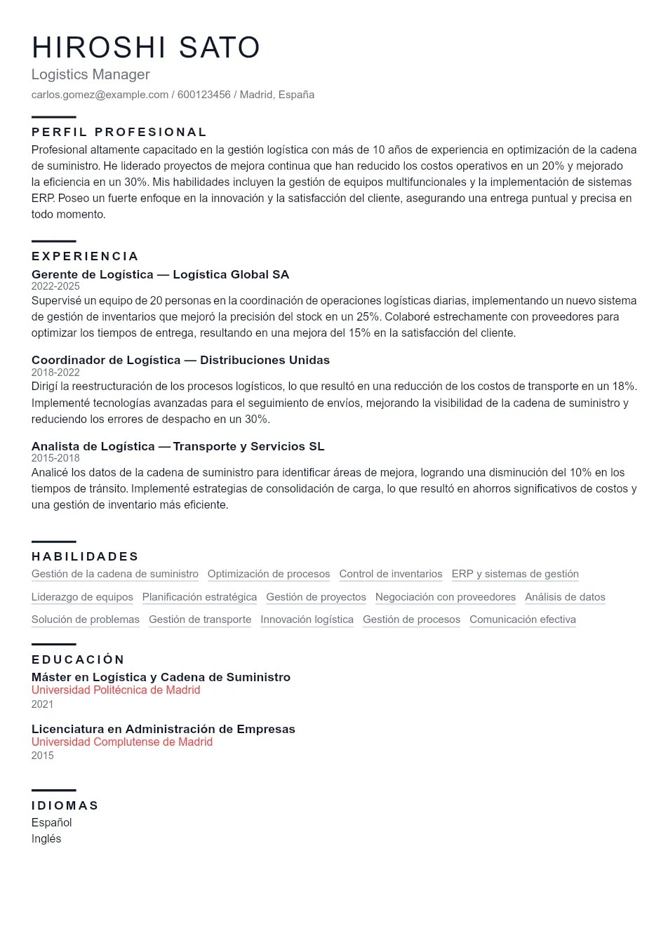 Ejemplo de CV para Ejemplo de CV de Logistics Manager - Plantilla de currículum profesional