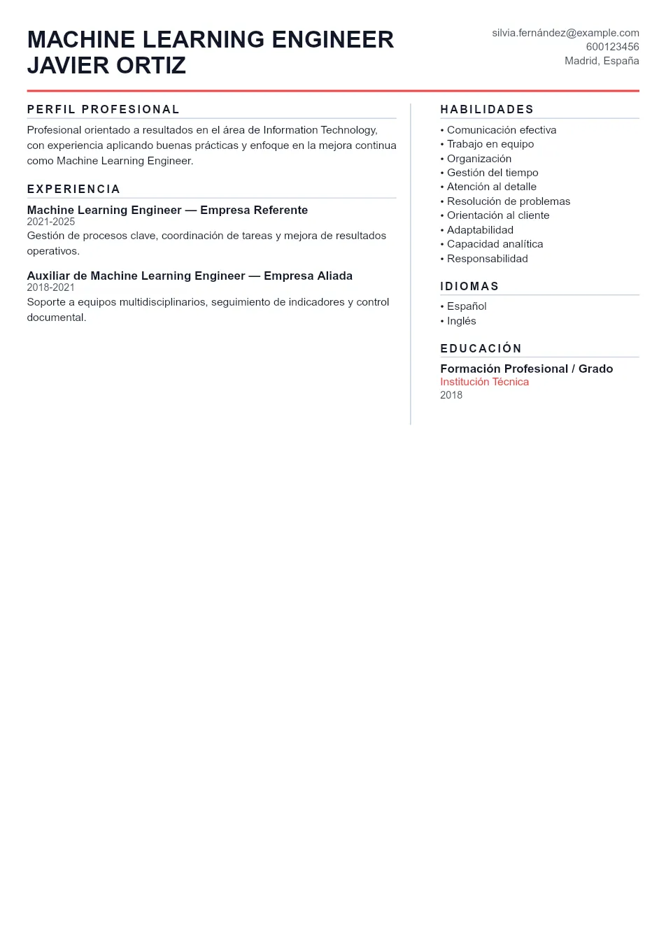 Ejemplo de CV de Machine Learning Engineer CV Example - Professional Resume Template