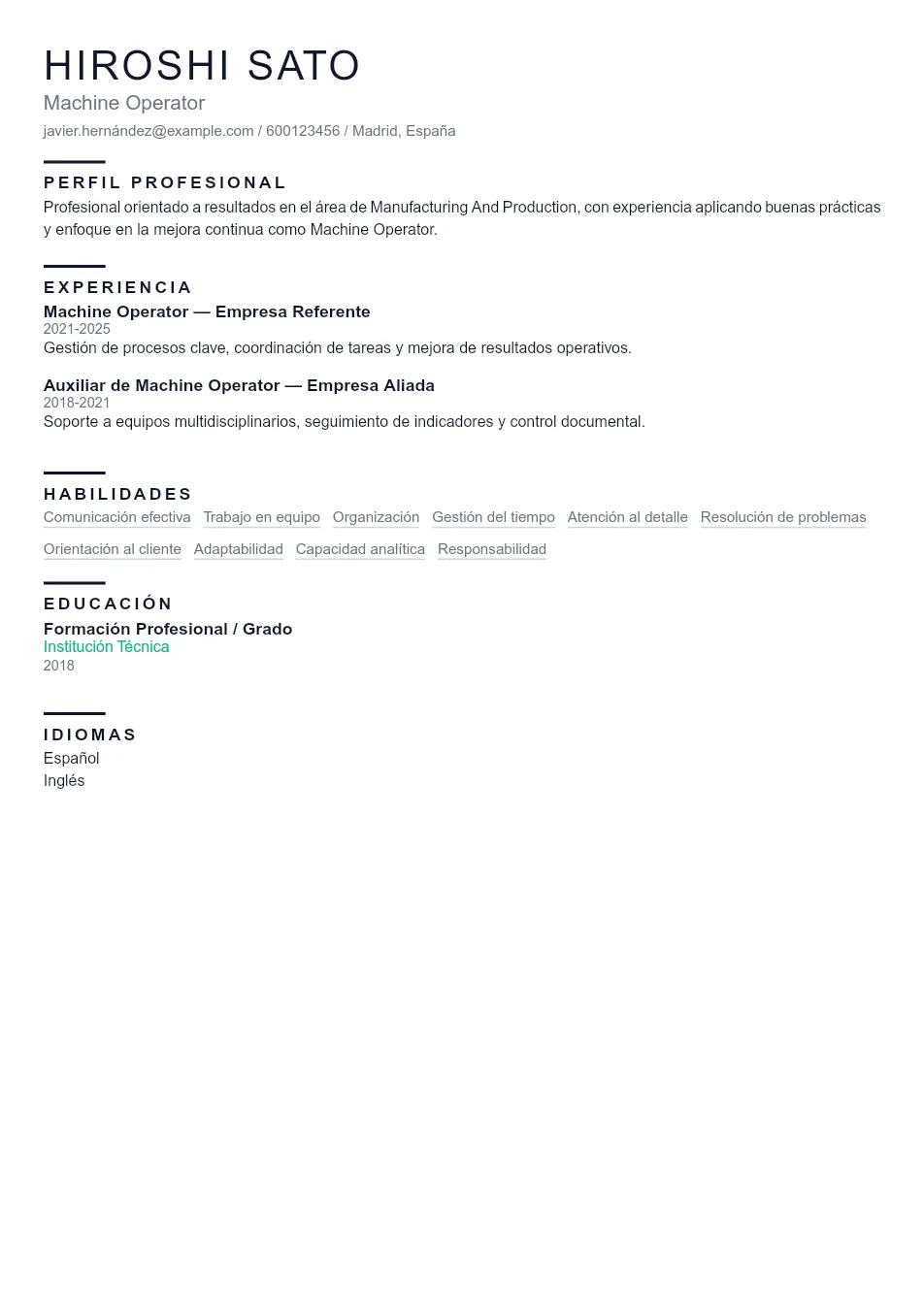 Ejemplo de CV de Machine Operator CV Example - Professional Resume Template