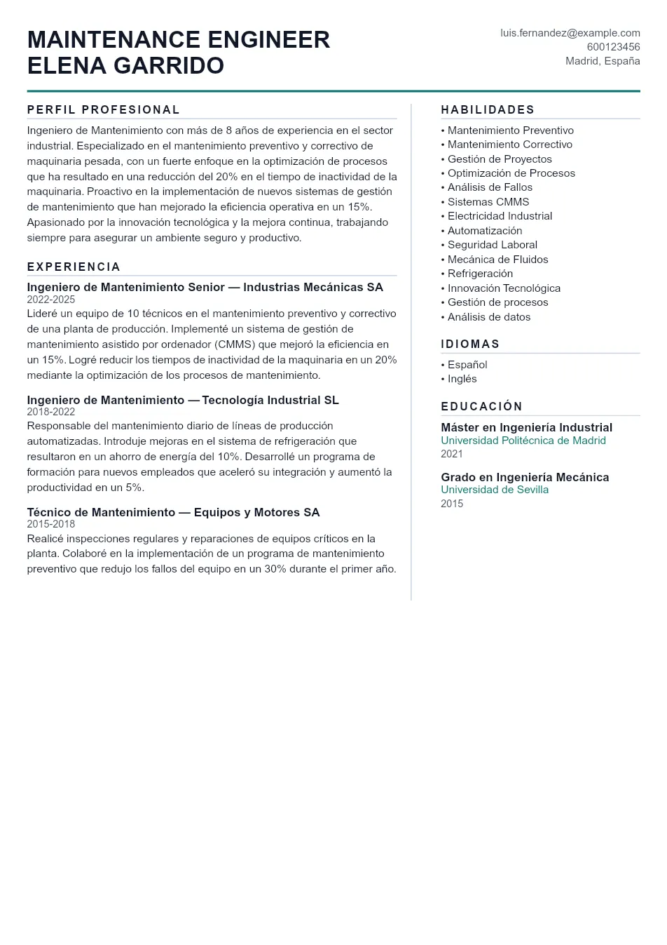 Ejemplo de CV de Maintenance Engineer CV Example - Professional Resume Template