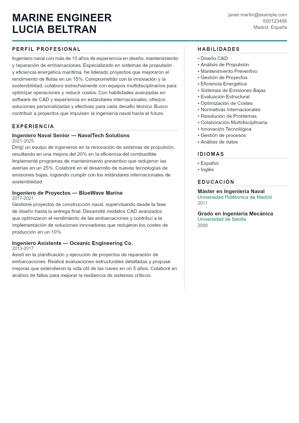 Ejemplo de CV de Marine Engineer CV Example - Professional Resume Template