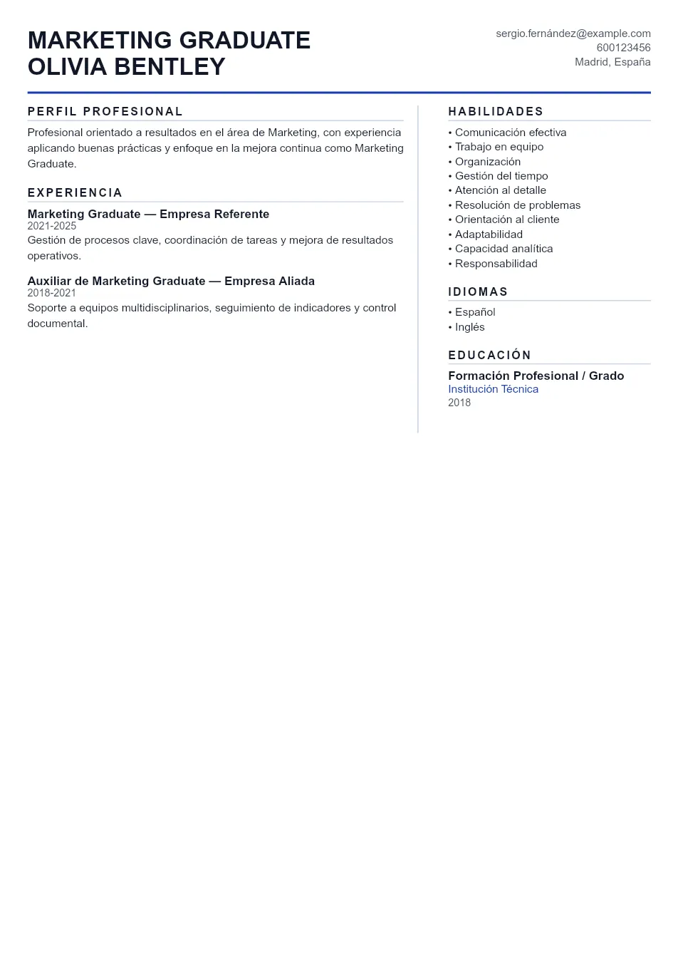 Ejemplo de CV de Marketing Graduate CV Example - Professional Resume Template