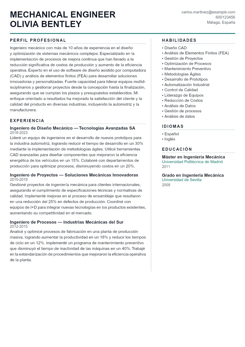 Ejemplo de CV de Mechanical Engineer CV Example - Professional Resume Template