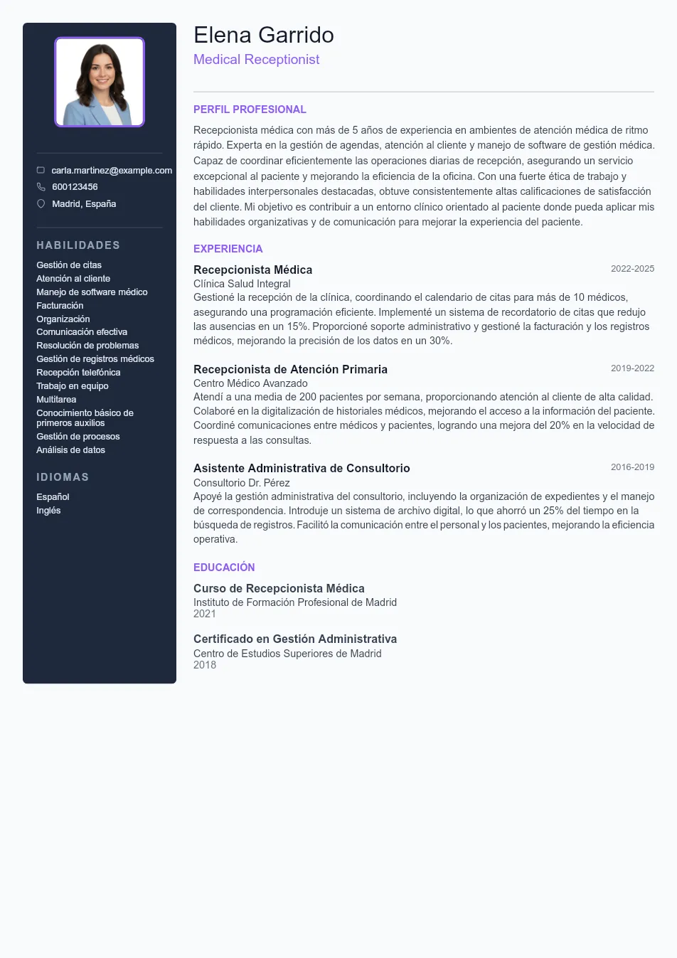 Ejemplo de CV para CV de Recepcionista Médico - Plantilla de currículum profesional