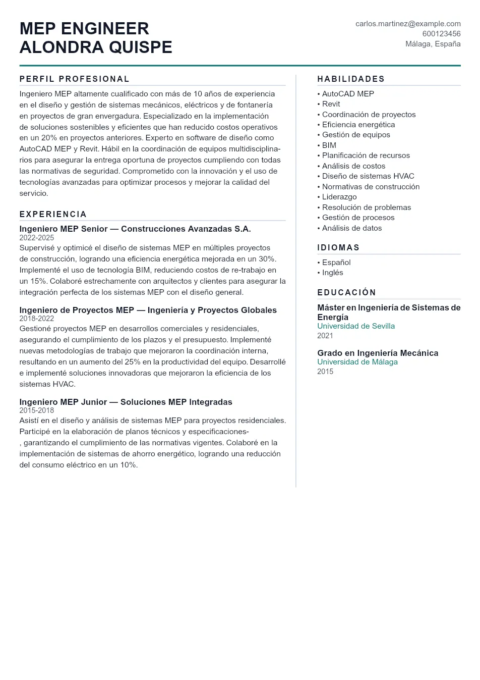 Ejemplo de CV de Mep Engineer CV Example - Professional Resume Template