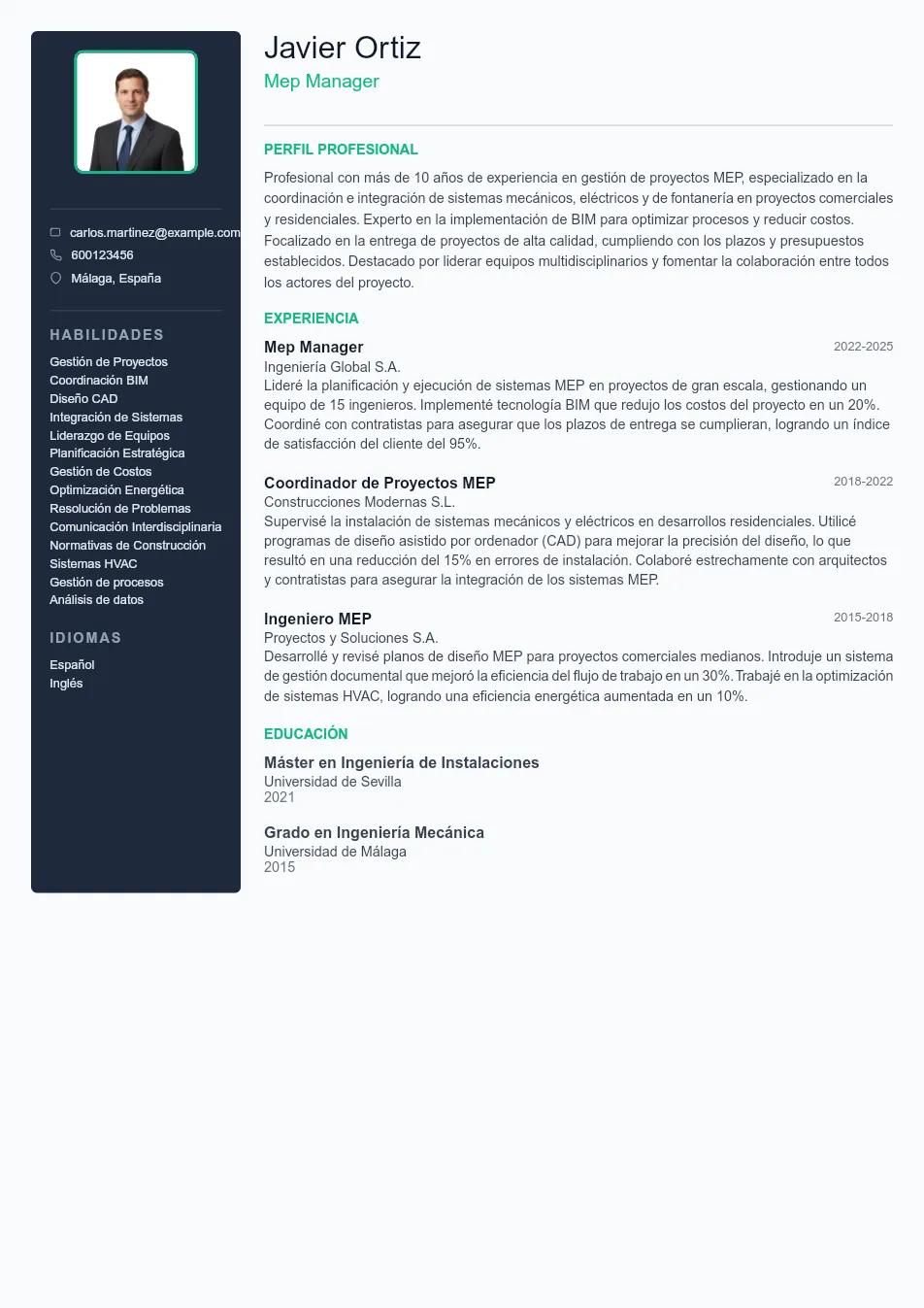 Ejemplo de CV de Mep Manager CV Example - Professional Resume Template
