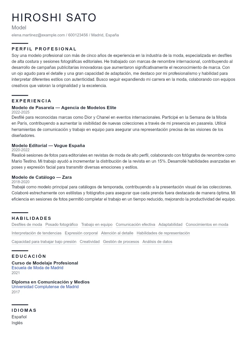 Ejemplo de CV de Model CV Example - Professional Resume Template