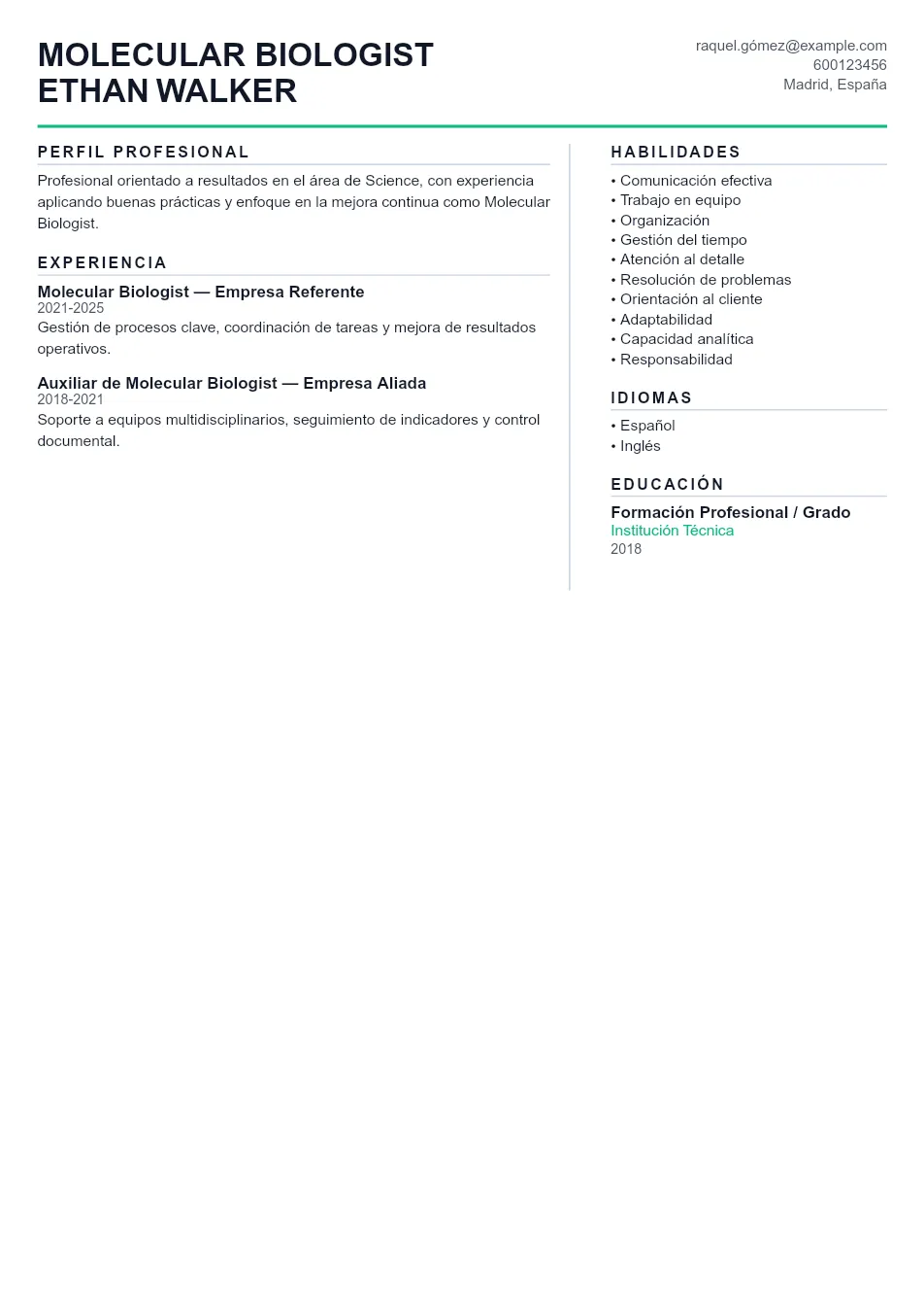Ejemplo de CV de Molecular Biologist CV Example - Professional Resume Template