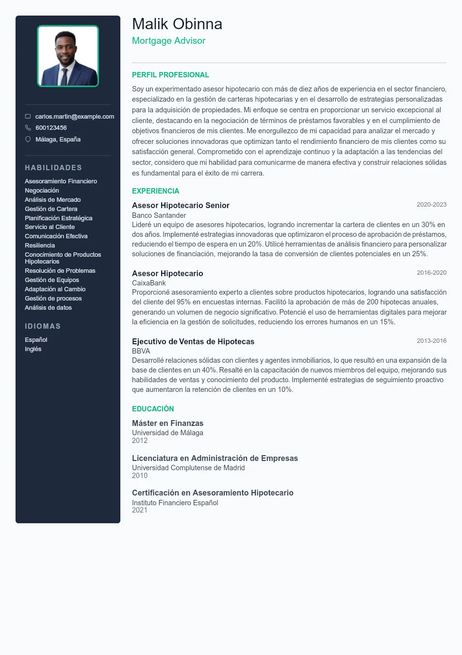 Ejemplo de CV de Mortgage Advisor CV Example - Professional Resume Template
