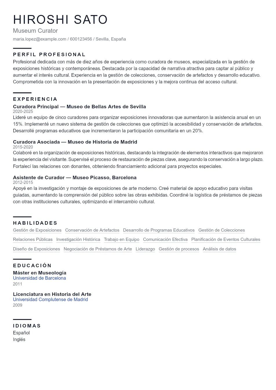 Ejemplo de CV para CV para Museum Curator - Plantilla de currículum profesional