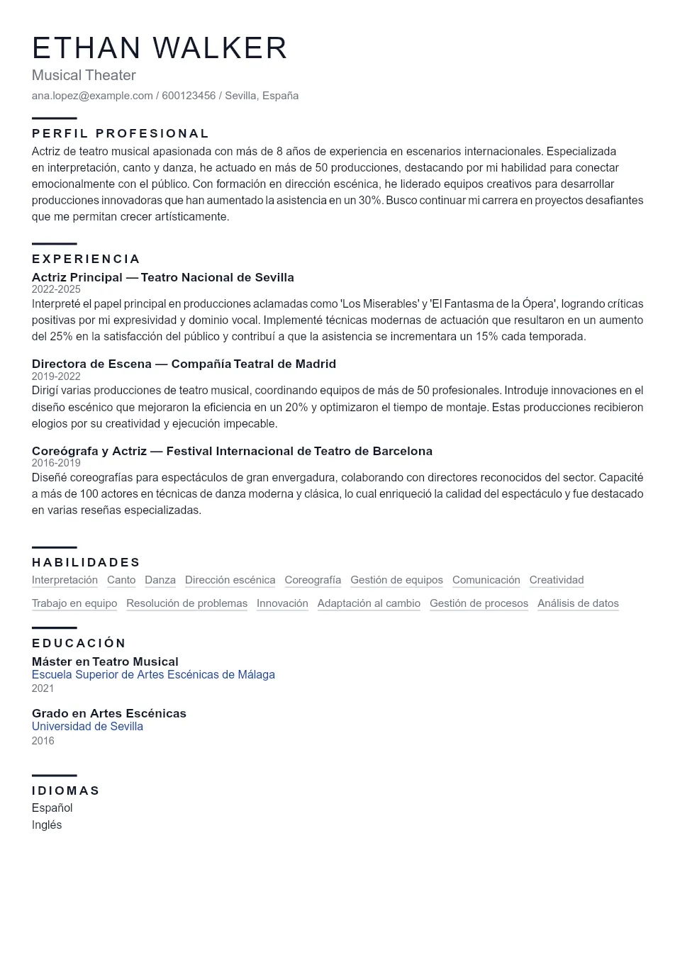 Ejemplo de CV para CV para Teatro Musical - Plantilla de currículum profesional