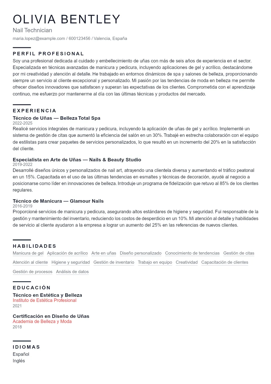 Ejemplo de CV para Ejemplo de CV de Técnico de Uñas - Plantilla de currículum profesional