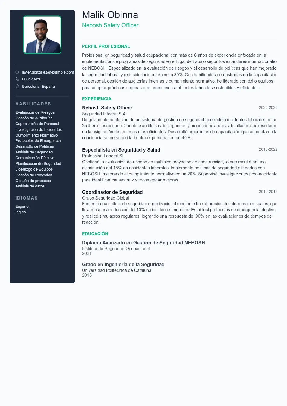 Ejemplo de CV de Nebosh Safety Officer CV Example - Professional Resume Template