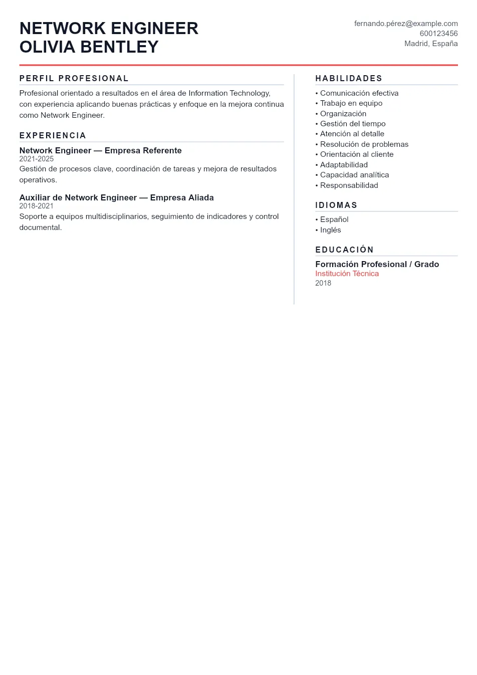 Ejemplo de CV de Network Engineer CV Example - Professional Resume Template