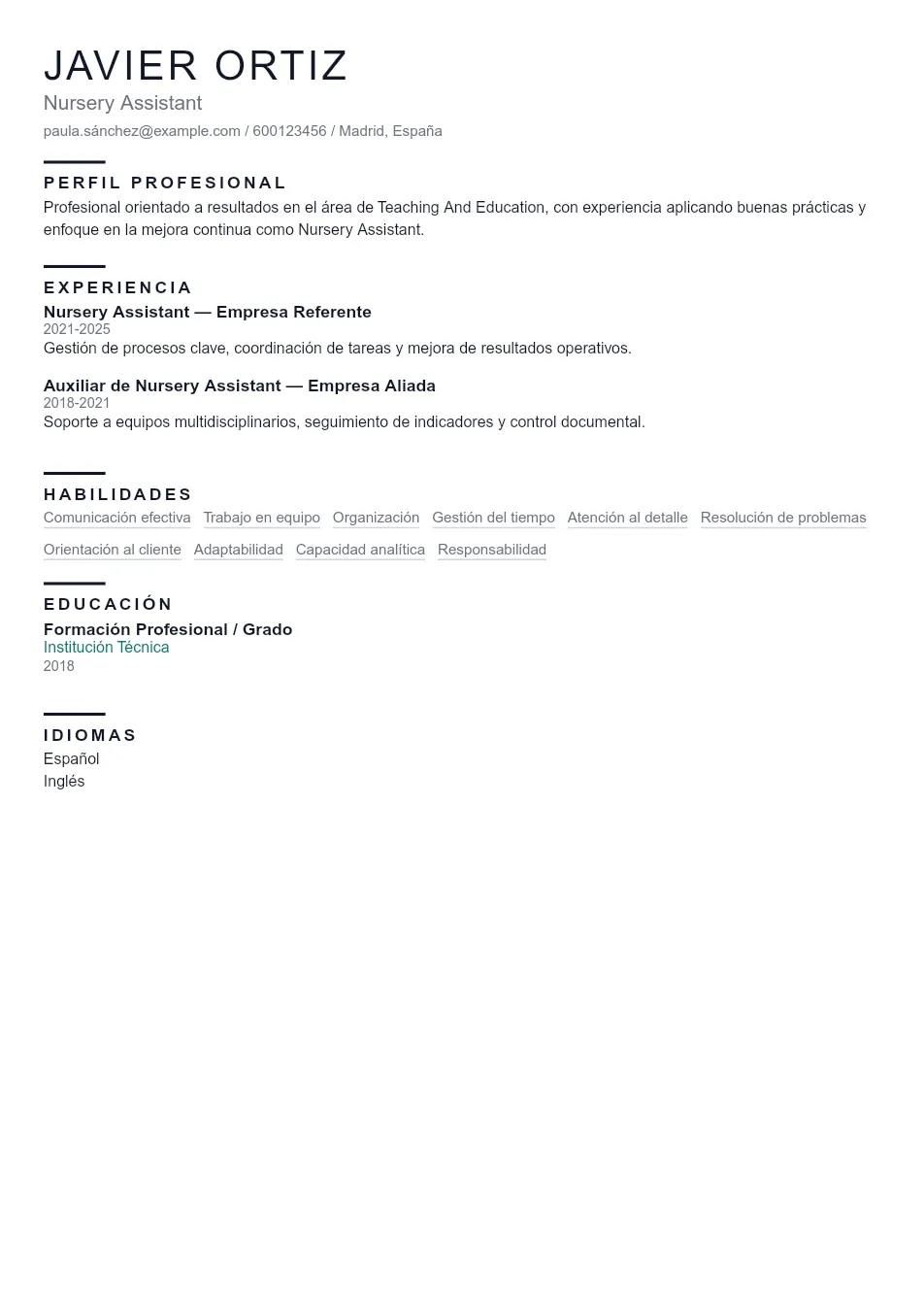 Ejemplo de CV de Nursery Assistant CV Example - Professional Resume Template